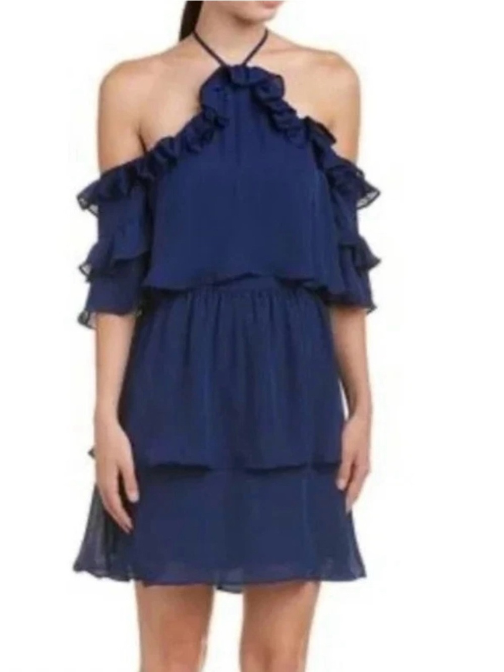 Parker Blue Ruffle Cold Shoulder Tiered Cocktail Dress - Size Small